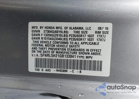 2016 Honda Odyssey Lx from USA, damaged, VIN 5FNRL5H21GB133041